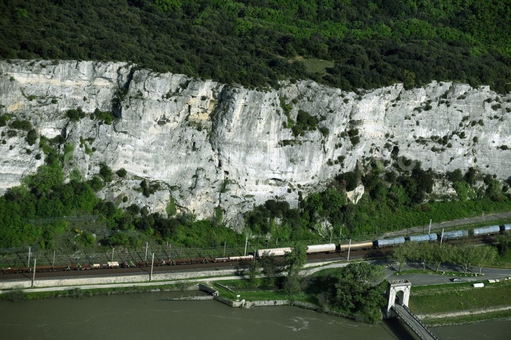 Aerial image Viviers - Rock and mountain landscape on the banks of the Rotten History in Viviers in Auvergne Rhone-Alpes, France