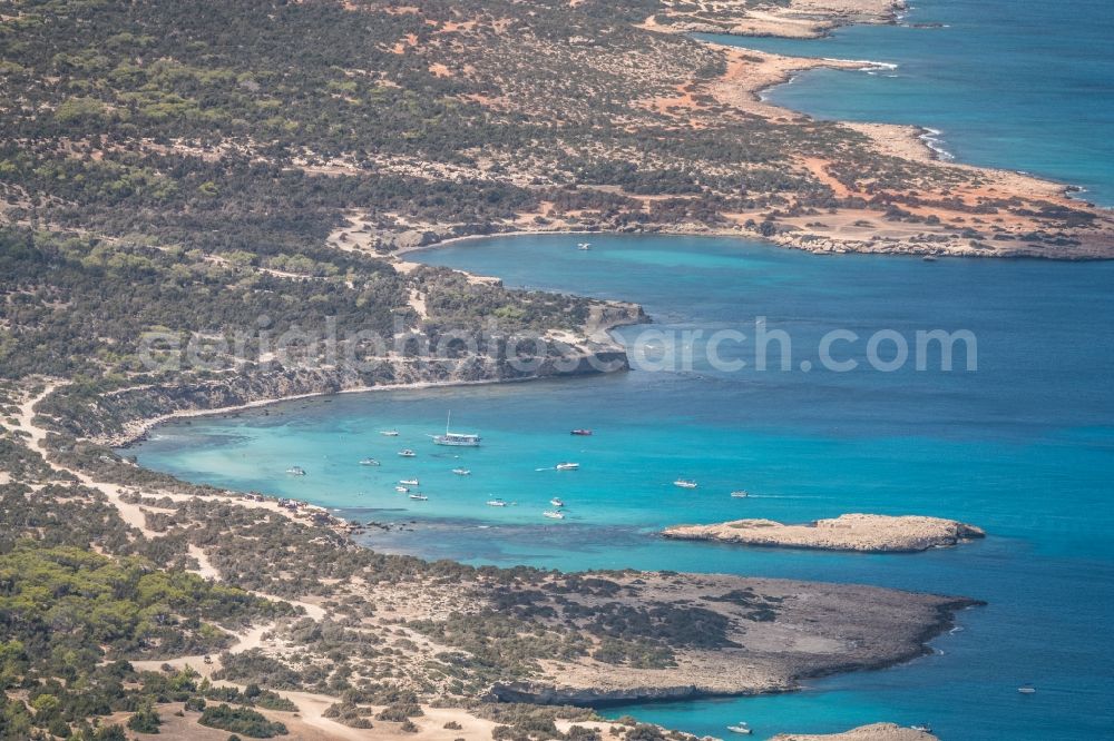 Fontana Amoroza from the bird's eye view: Coastline of Akamas Peninsula with the point of interest Blue Lagoon in Neo Chorio, Cyprus - aerial view