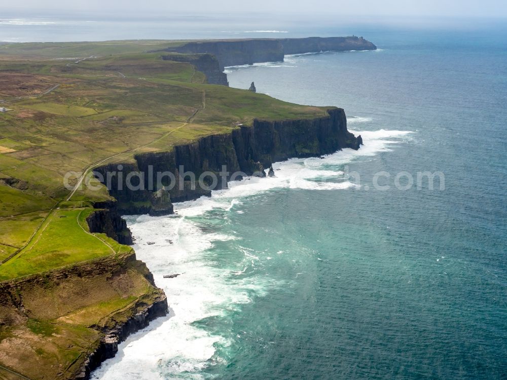 Aerial image Moher - Rock Coastline on the cliffs Klippen von Moher in Moher in Clare, Ireland