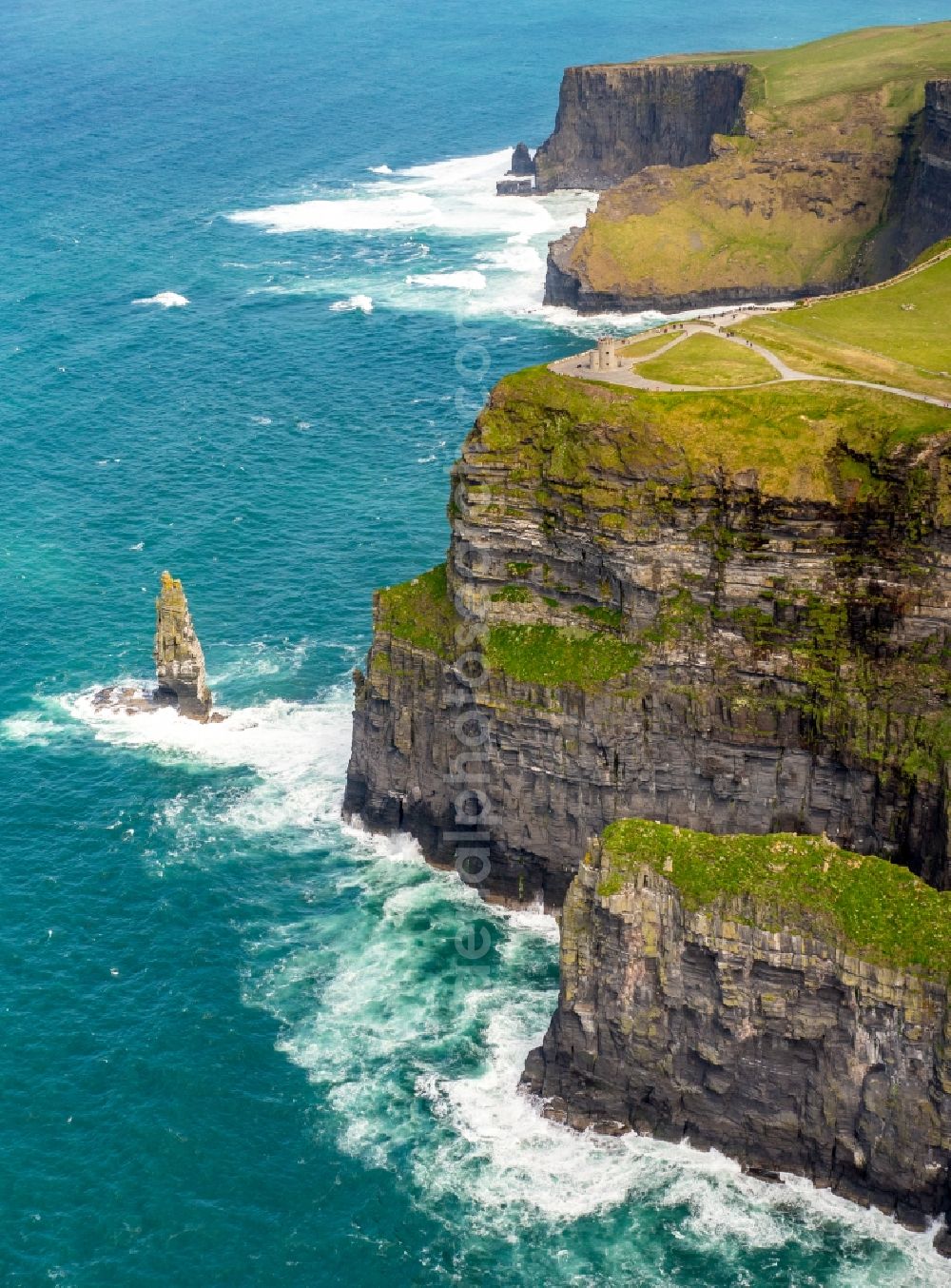 Aerial image Moher - Rock Coastline on the cliffs Klippen von Moher in Moher in Clare, Ireland