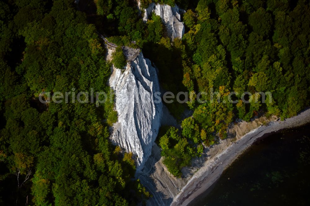 Aerial image Lohme - Rock Coastline on the cliffs - Kreidefelsen Koenigstuhl - in Lohme in the state Mecklenburg - Western Pomerania, Germany