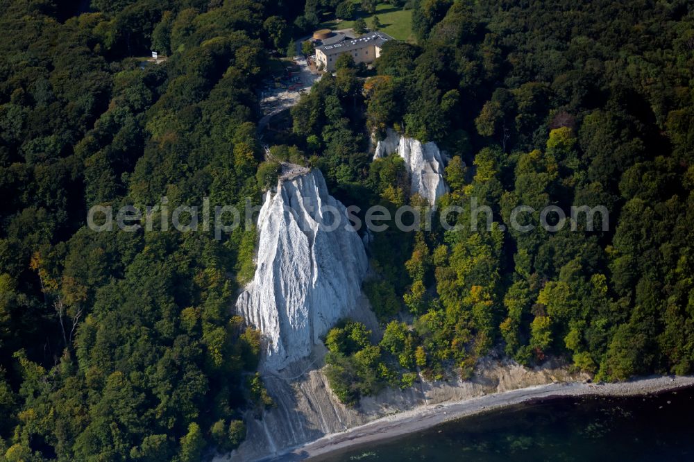 Aerial image Lohme - Rock Coastline on the cliffs - Kreidefelsen Koenigstuhl - in Lohme in the state Mecklenburg - Western Pomerania, Germany