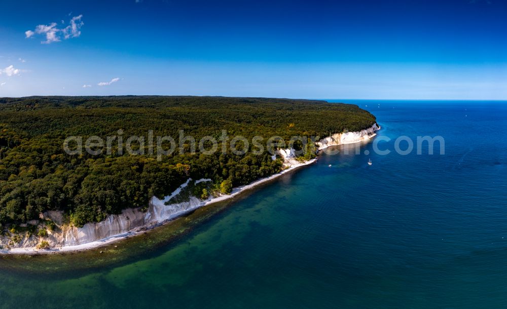 Sassnitz from above - Rocky coastal landscape on the steep coast of the chalk cliffs on the Baltic Sea in Sassnitz on the island of Ruegen in the state of Mecklenburg-Western Pomerania, Germany