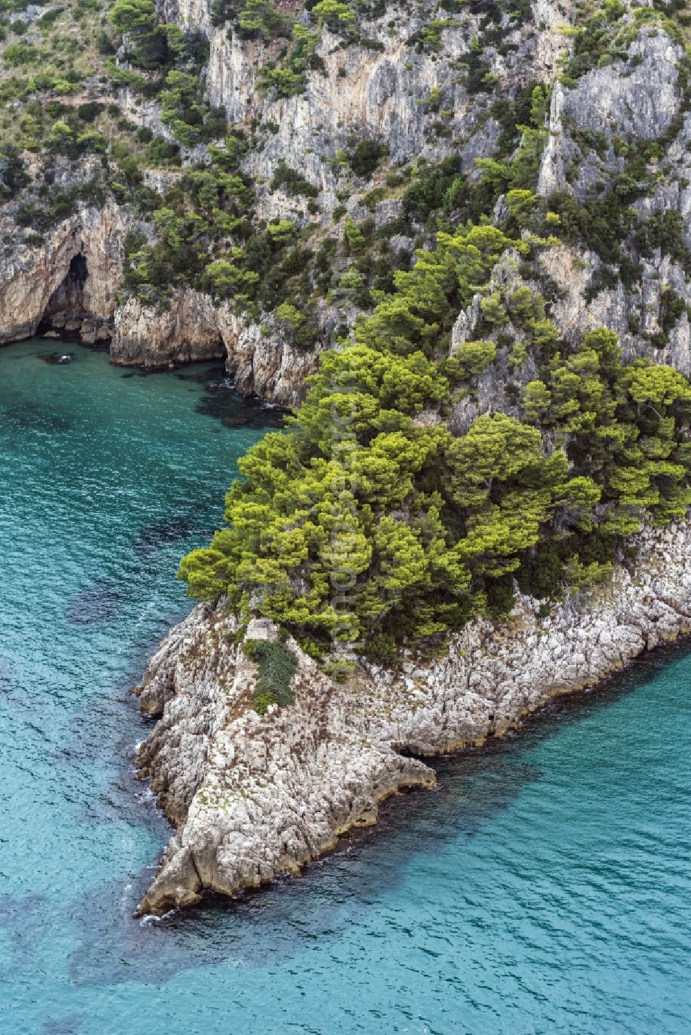 Aerial image Vico Equense - Rock stone- landscape on the Mediterranean coast in Vico Equense in Italy