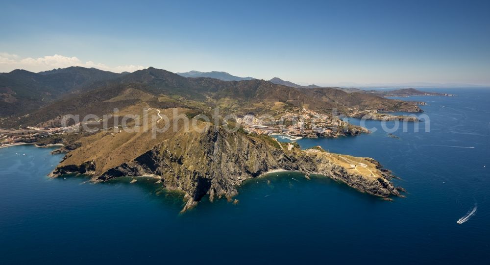 Aerial image Cerbère - Rocky cliff on the Mediterranean coast in the course Cerbere in France