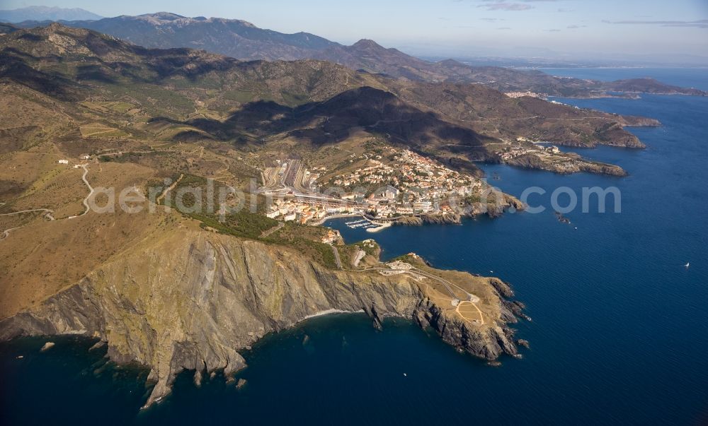 Aerial image Cerbère - Rocky cliff on the Mediterranean coast in the course Cerbere in France