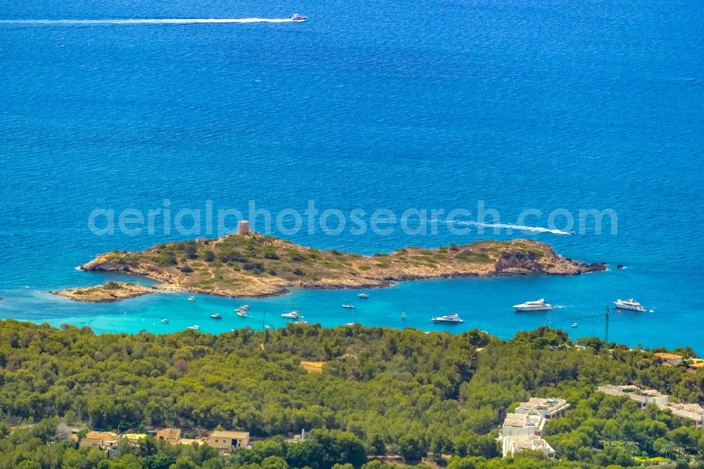 ses Illetes from the bird's eye view: Plateau in the water Illa de sa Torre with the ruins of a defense tower in ses Illetes in Balearic island of Mallorca, Spain