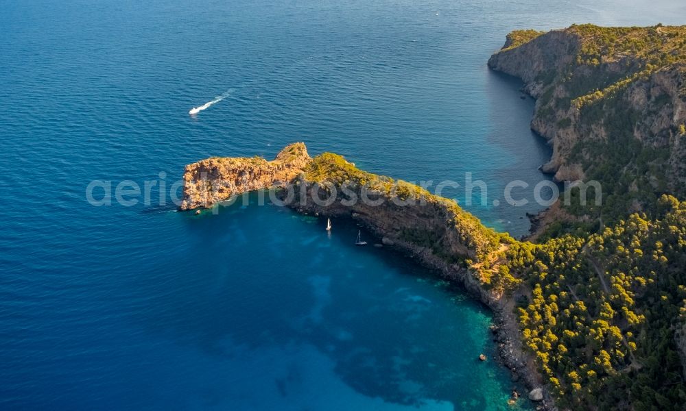 Deia from above - Plateau in the water Landzunge Punta de Sa Foradada in Deia in Balearic island of Mallorca, Spain