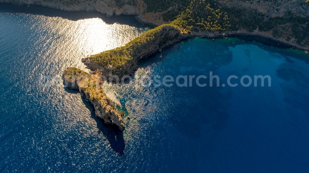 Aerial image Deia - Plateau in the water Landzunge Punta de Sa Foradada in Deia in Balearic island of Mallorca, Spain