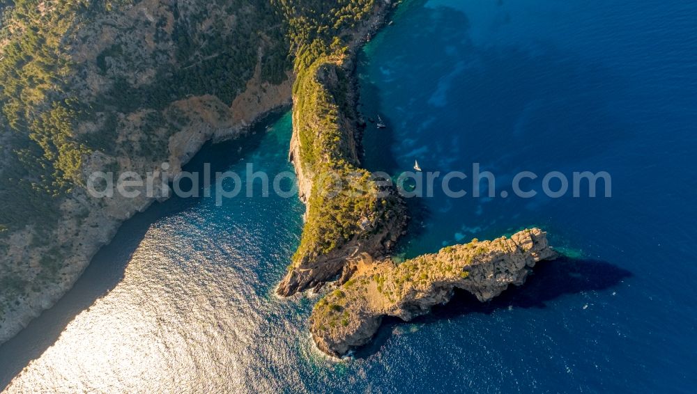 Deia from the bird's eye view: Plateau in the water Landzunge Punta de Sa Foradada in Deia in Balearic island of Mallorca, Spain