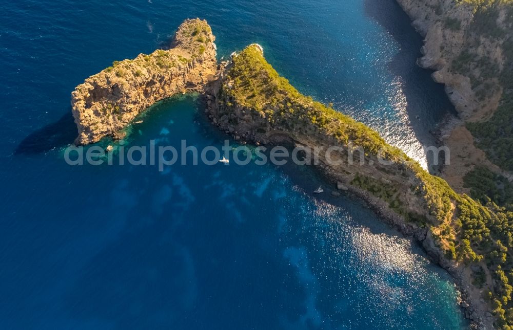 Aerial image Deia - Plateau in the water Landzunge Punta de Sa Foradada in Deia in Balearic island of Mallorca, Spain