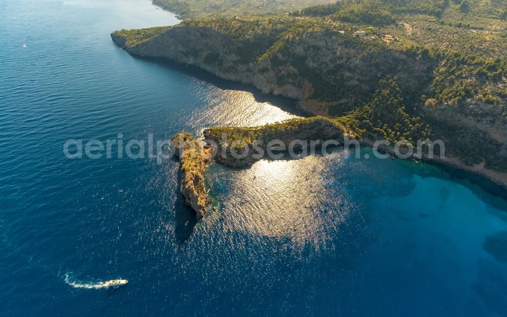 Deia from above - Plateau in the water Landzunge Punta de Sa Foradada in Deia in Balearic island of Mallorca, Spain