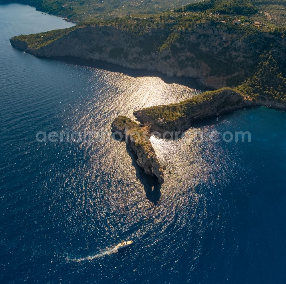 Aerial image Deia - Plateau in the water Landzunge Punta de Sa Foradada in Deia in Balearic island of Mallorca, Spain