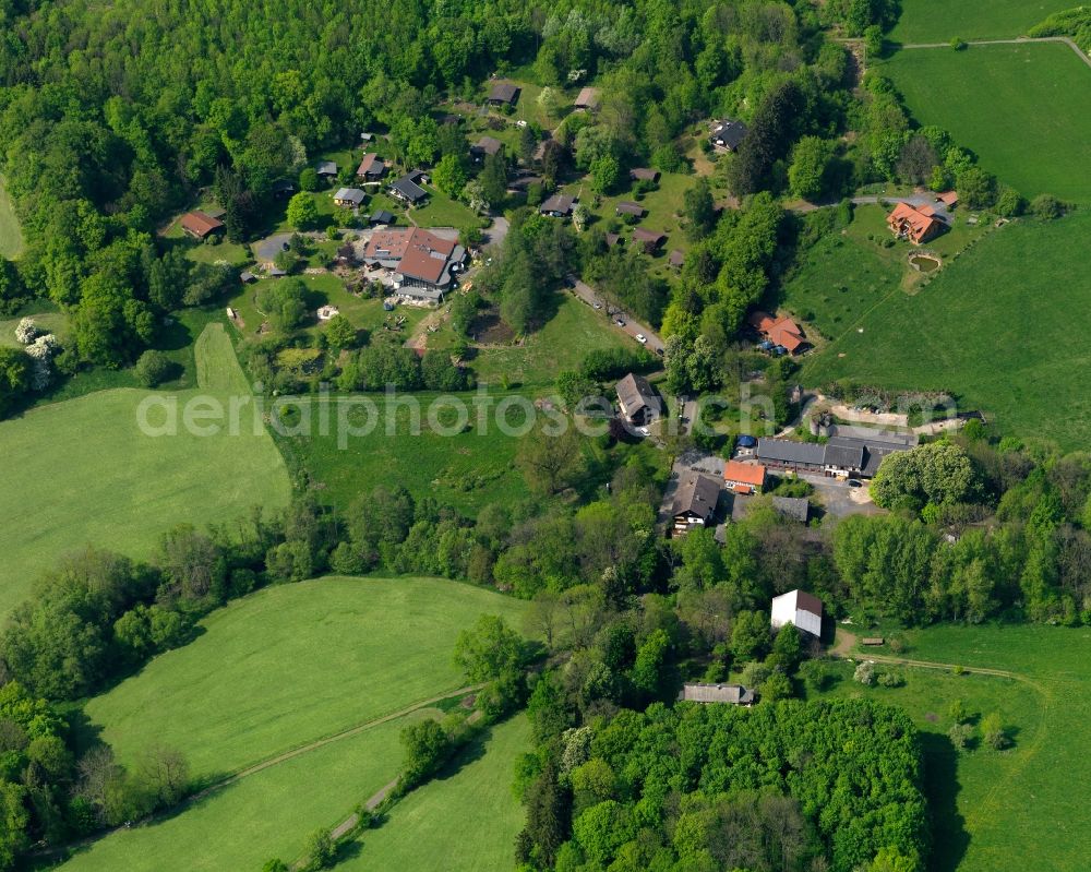 Gemünden from above - Holiday village Holzbachschlucht in Gemuenden in the state Rhineland-Palatinate. The site is located on a wooded hill outside the village