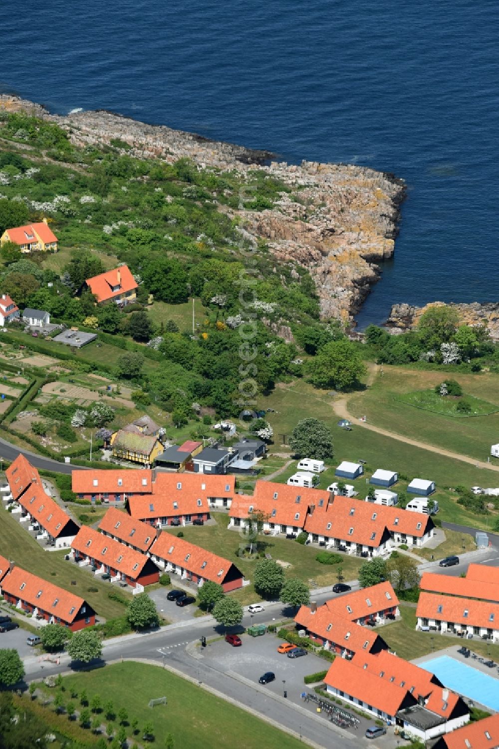 Gudhjem from above - Holiday house plant of the park Gudhjem Feriepark on Lille Jernkaasvej in Gudhjem in Region Hovedstaden, Denmark