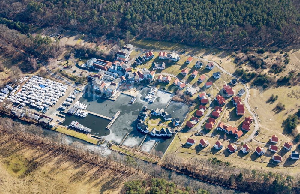 Kleinzerlang from above - Holiday house plant of the park Marina Wolfsbruch in Kleinzerlang in the state Brandenburg, Germany