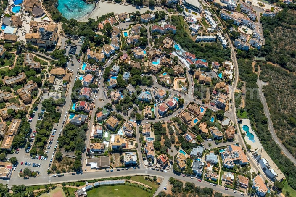 Aerial image Cala Ferrera - Holiday house plant of the park with villas in a circular arrangement on Carrer des Forn in Cala Ferrera in Balearic island of Mallorca, Spain