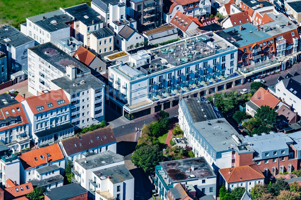 Norderney from above - Holiday home, hotel NEW Wave with roof bar and cafe on the island of Norderney in the state Lower Saxony, Germany