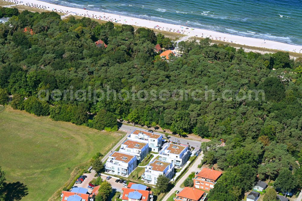 Ostseebad Boltenhagen from above - Building of an apartment building used as an apartment complex Upstalsboom Aparthotel on street Ostseeallee in Ostseebad Boltenhagen at the baltic sea coast in the state Mecklenburg - Western Pomerania, Germany