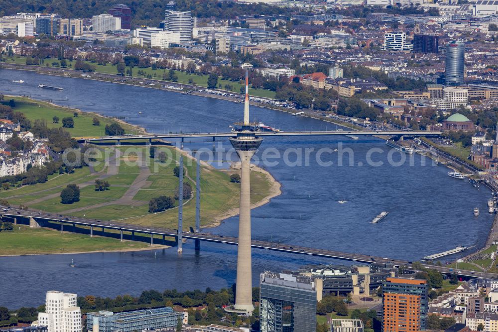 Düsseldorf from above - Telecommunications tower structure and television tower Duesseldorf on the banks of the Rhine in Duesseldorf in the federal state of North Rhine-Westphalia