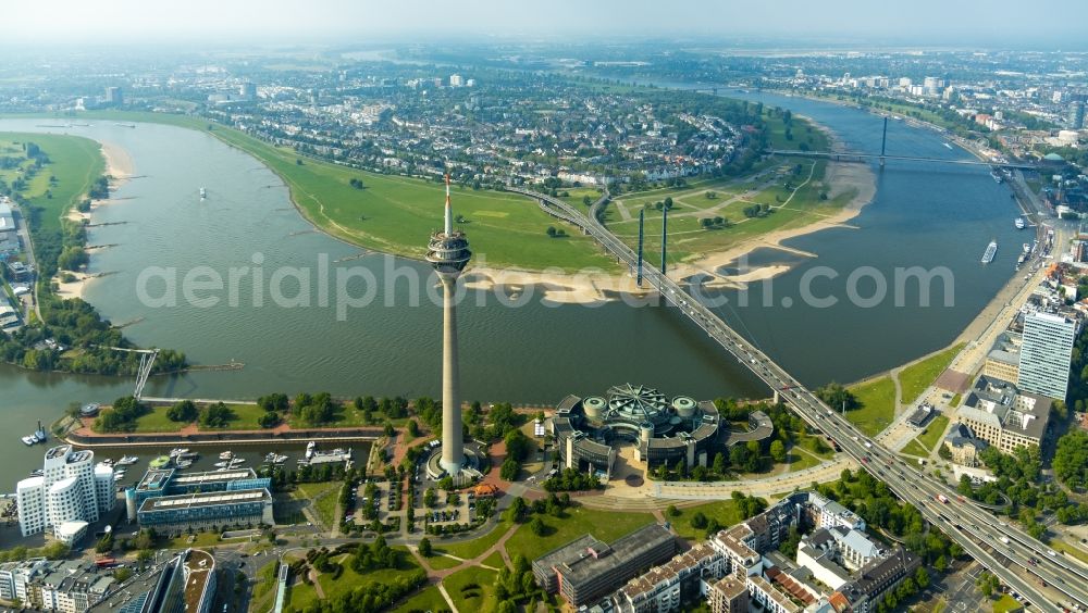 Aerial image Düsseldorf - Television Tower Rheinturm and die Rheinkniebruecke in Duesseldorf in the state North Rhine-Westphalia, Germany