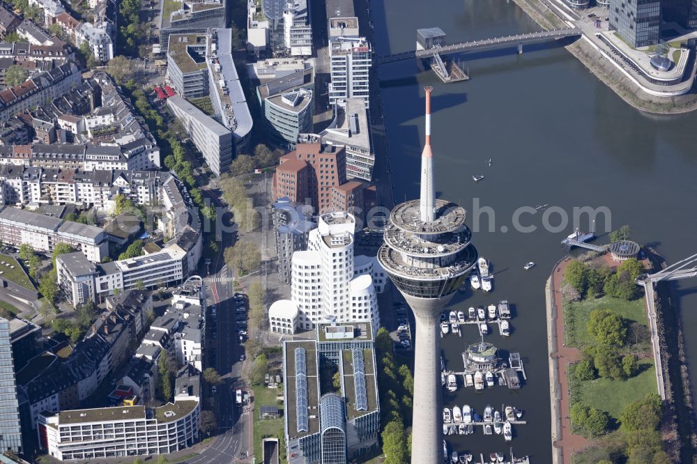 Düsseldorf from above - Television Tower Rheinturm in the district Unterbilk in Duesseldorf at Ruhrgebiet in the state North Rhine-Westphalia, Germany