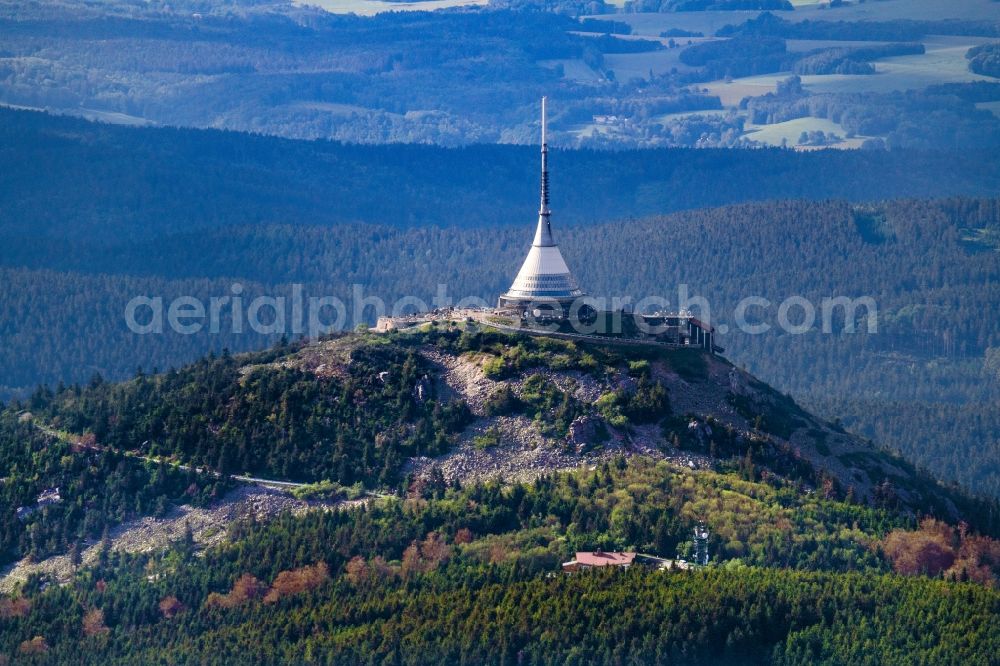 Aerial photograph Jeschken - Telecommunication tower and television tower in Jeschken in the Giant Mountains in Liberecky kraj, Czech Republic