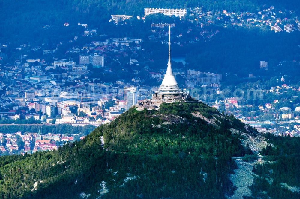 Jeschken from above - Telecommunication tower and television tower in Jeschken in the Giant Mountains in Liberecky kraj, Czech Republic