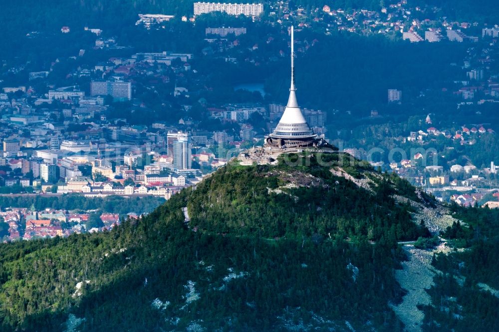 Jeschken from the bird's eye view: Telecommunication tower and television tower in Jeschken in the Giant Mountains in Liberecky kraj, Czech Republic