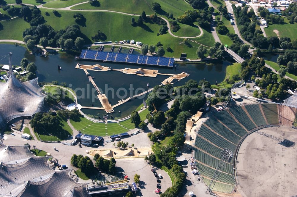 Aerial image München - Television Tower Olympiaturm in Olympiapark on Spiridon-Louis-Ring in Munich in the state Bavaria, Germany