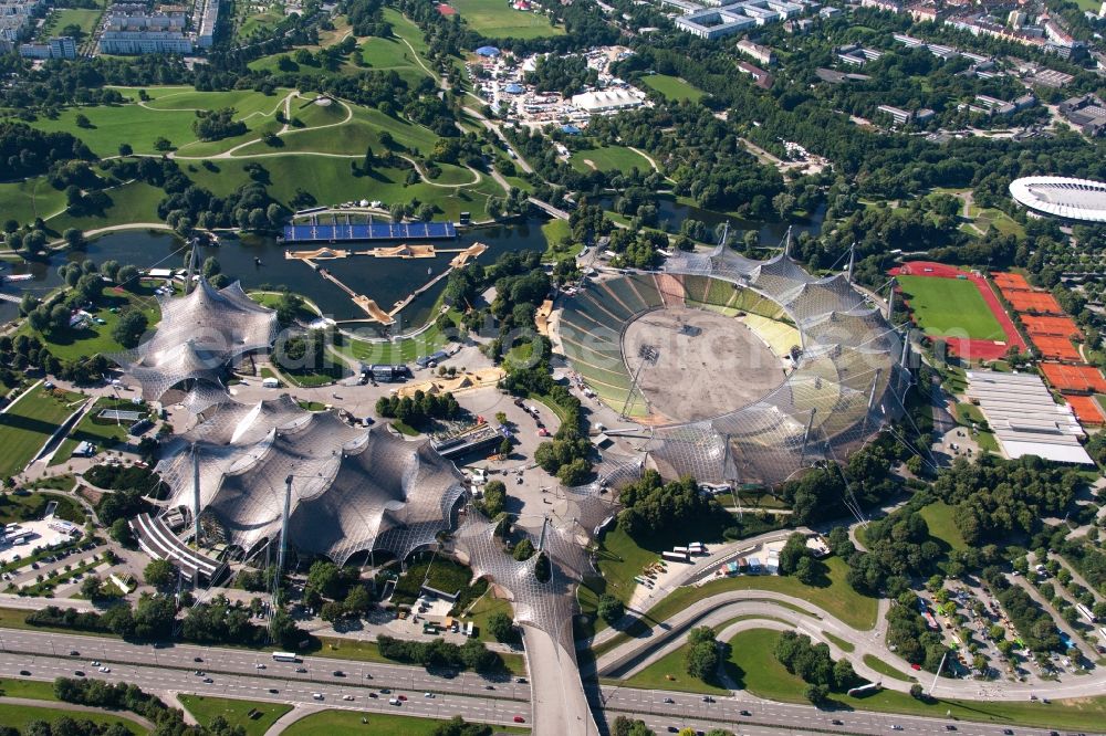 Aerial photograph München - Television Tower Olympiaturm in Olympiapark on Spiridon-Louis-Ring in Munich in the state Bavaria, Germany