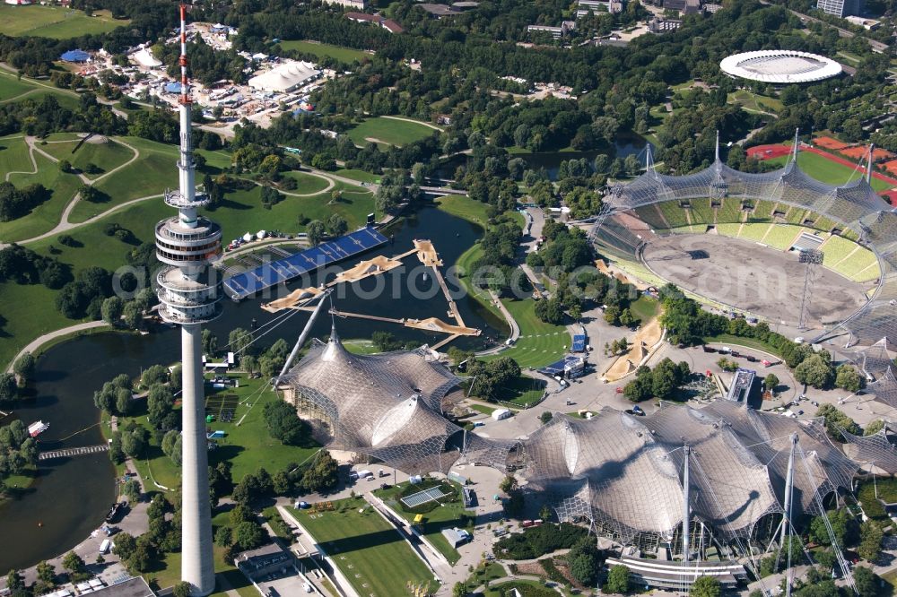 München from above - Television Tower Olympiaturm in Olympiapark on Spiridon-Louis-Ring in Munich in the state Bavaria, Germany