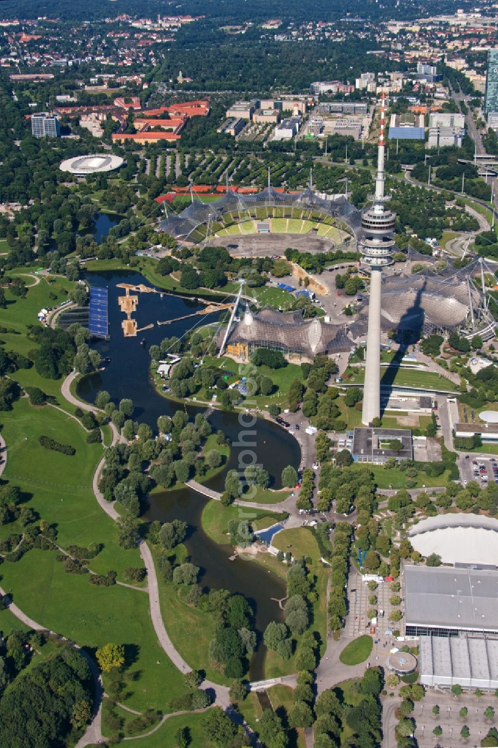 München from the bird's eye view: Television Tower Olympiaturm in Olympiapark on Spiridon-Louis-Ring in Munich in the state Bavaria, Germany