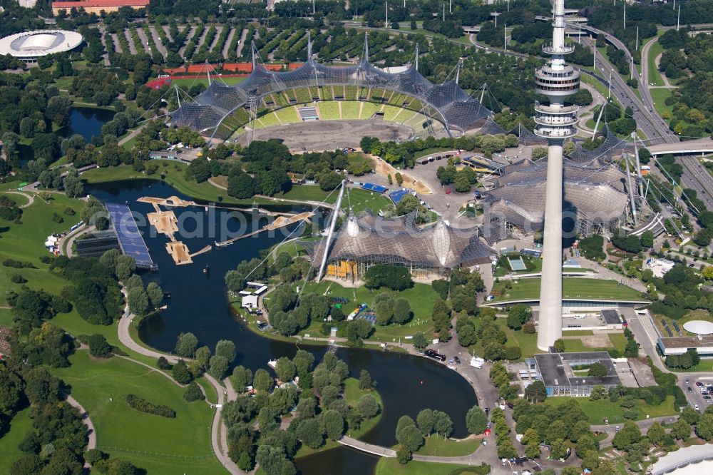 Aerial image München - Television Tower Olympiaturm in Olympiapark on Spiridon-Louis-Ring in Munich in the state Bavaria, Germany