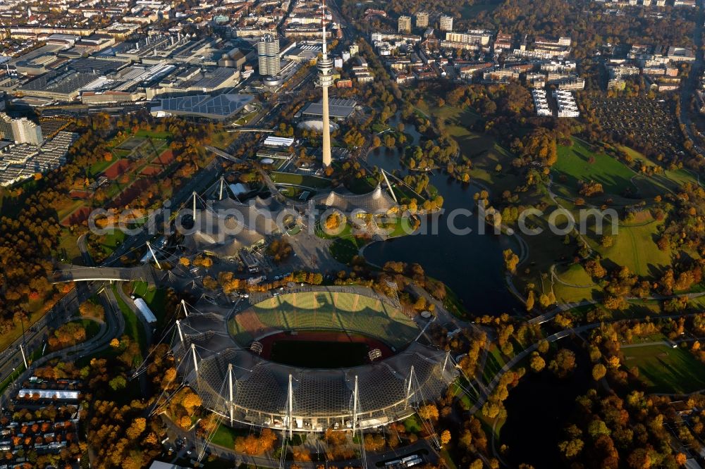 Aerial photograph München - Television Tower Olympiaturm in Olympiapark in Munich in the state Bavaria, Germany