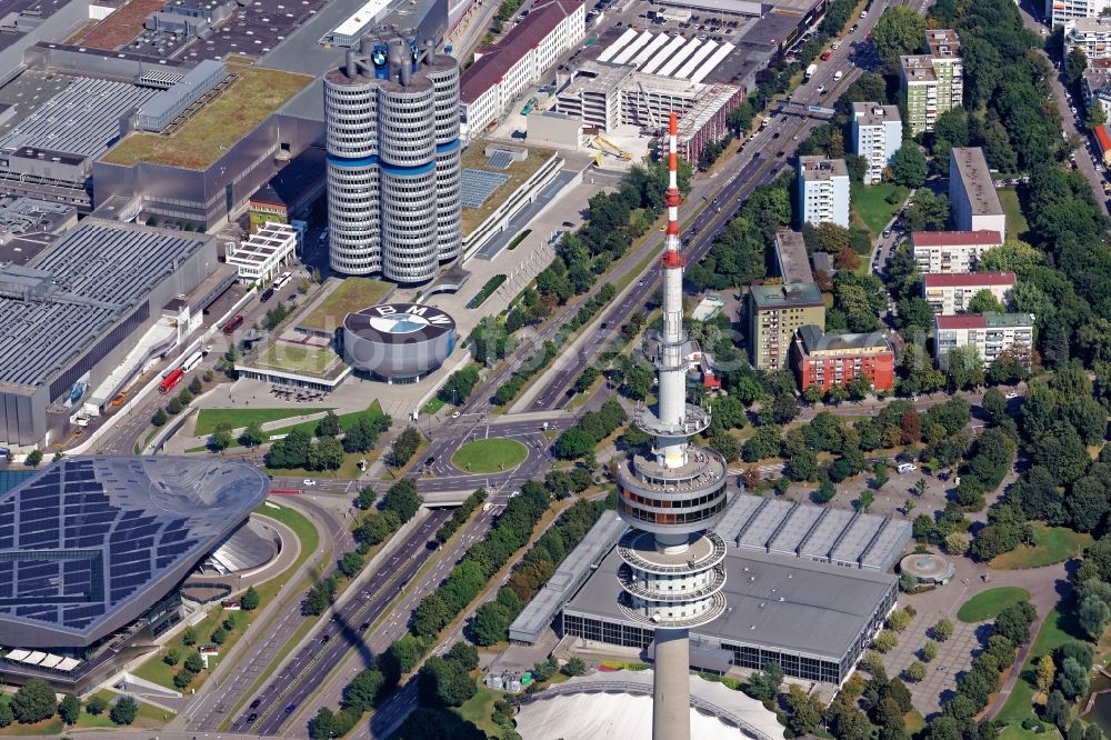 München from the bird's eye view: Television Tower Olympiaturm in Olympiapark on Spiridon-Louis-Ring in Munich in the state Bavaria, Germany