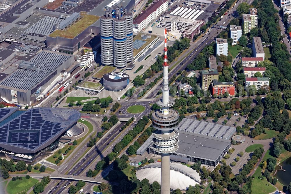 Aerial image München - Television Tower Olympiaturm in Olympiapark on Spiridon-Louis-Ring in Munich in the state Bavaria, Germany