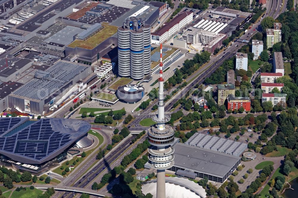 Aerial photograph München - Television Tower Olympiaturm in Olympiapark on Spiridon-Louis-Ring in Munich in the state Bavaria, Germany