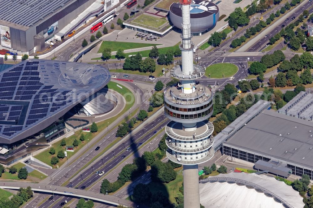 München from above - Television Tower Olympiaturm in Olympiapark on Spiridon-Louis-Ring in Munich in the state Bavaria, Germany