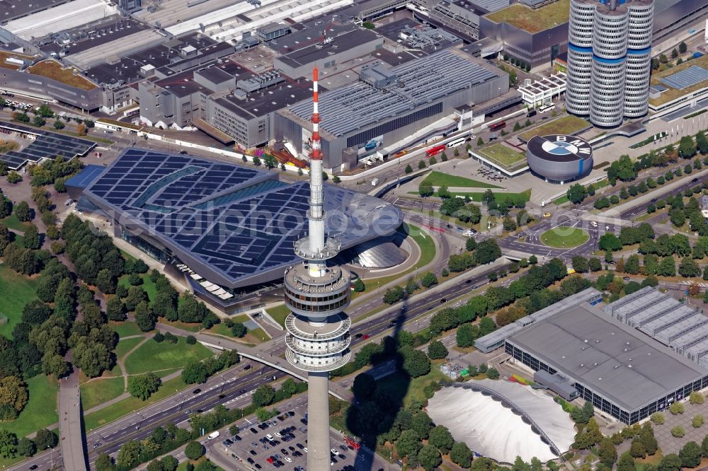 München from the bird's eye view: Television Tower Olympiaturm in Olympiapark on Spiridon-Louis-Ring in Munich in the state Bavaria, Germany