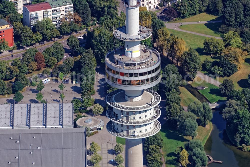 München from the bird's eye view: Television Tower Olympiaturm in Olympiapark on Spiridon-Louis-Ring in Munich in the state Bavaria, Germany