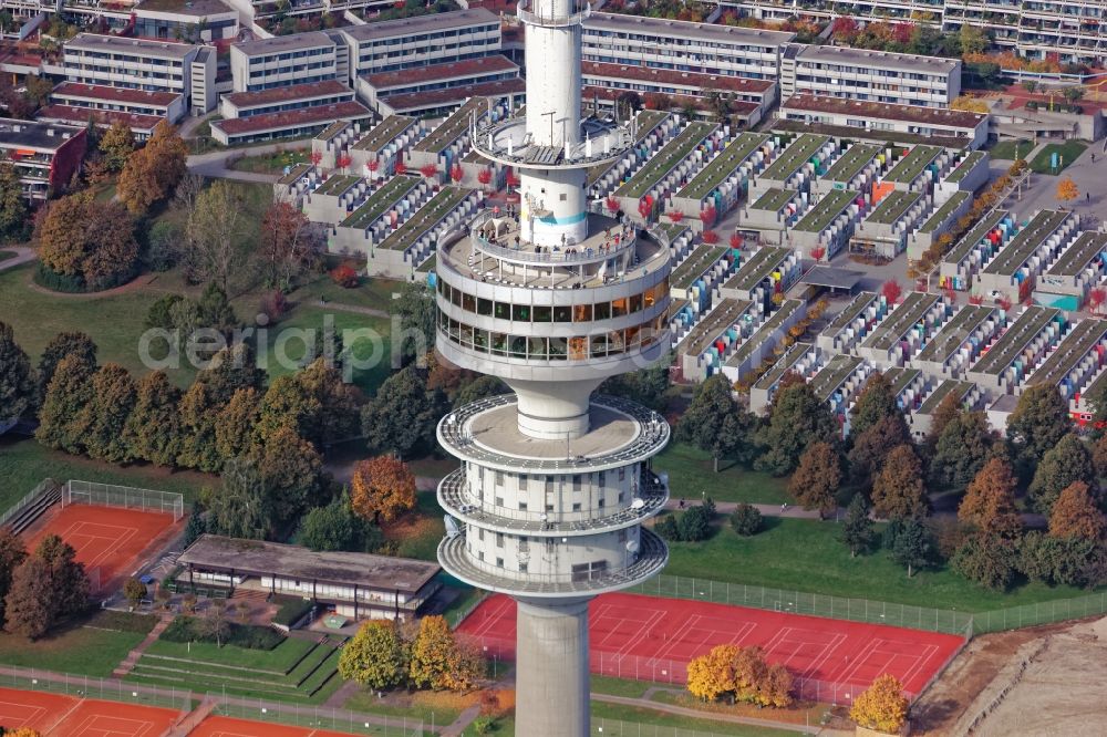 München from above - Television Tower Olympiaturm in Olympiapark on Spiridon-Louis-Ring in Munich in the state Bavaria, Germany