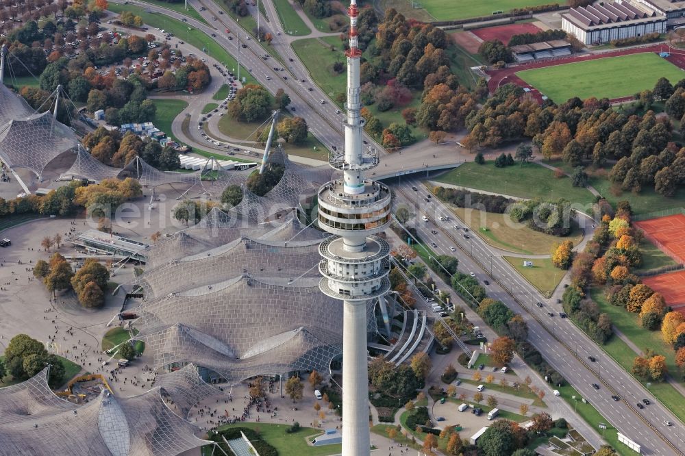 Aerial photograph München - Television Tower Olympiaturm in Olympiapark on Spiridon-Louis-Ring in Munich in the state Bavaria, Germany