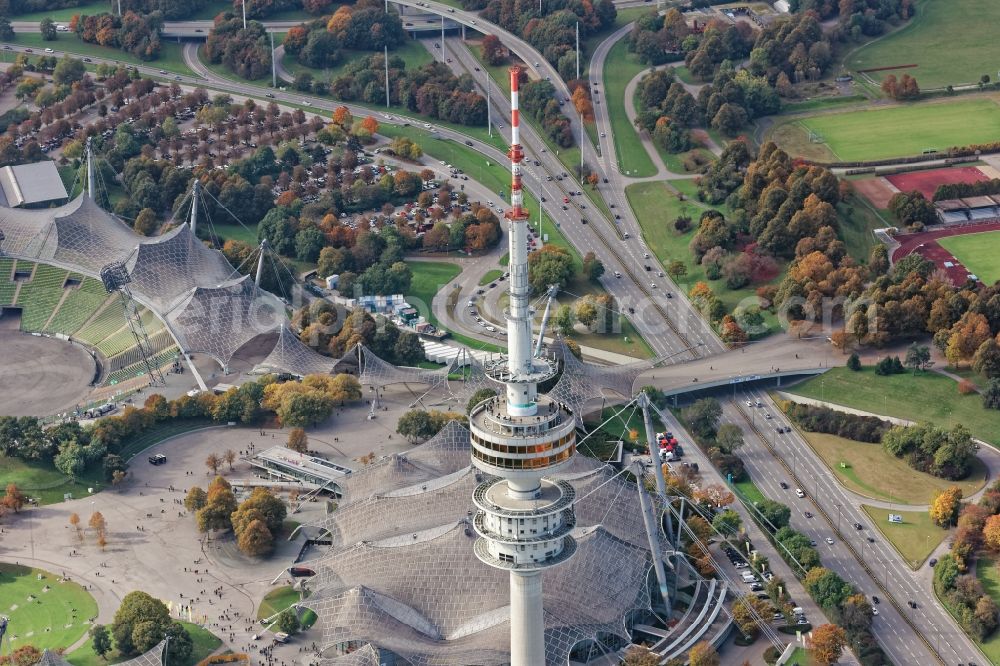 München from above - Television Tower Olympiaturm in Olympiapark on Spiridon-Louis-Ring in Munich in the state Bavaria, Germany