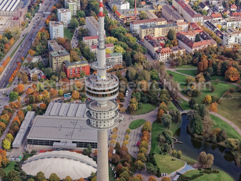 Aerial photograph München - Television Tower Olympiaturm in Olympiapark on Spiridon-Louis-Ring in Munich in the state Bavaria, Germany