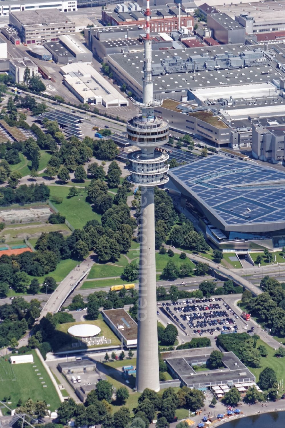 München from above - Television Tower Olympiaturm in Olympiapark in Munich in the state Bavaria, Germany