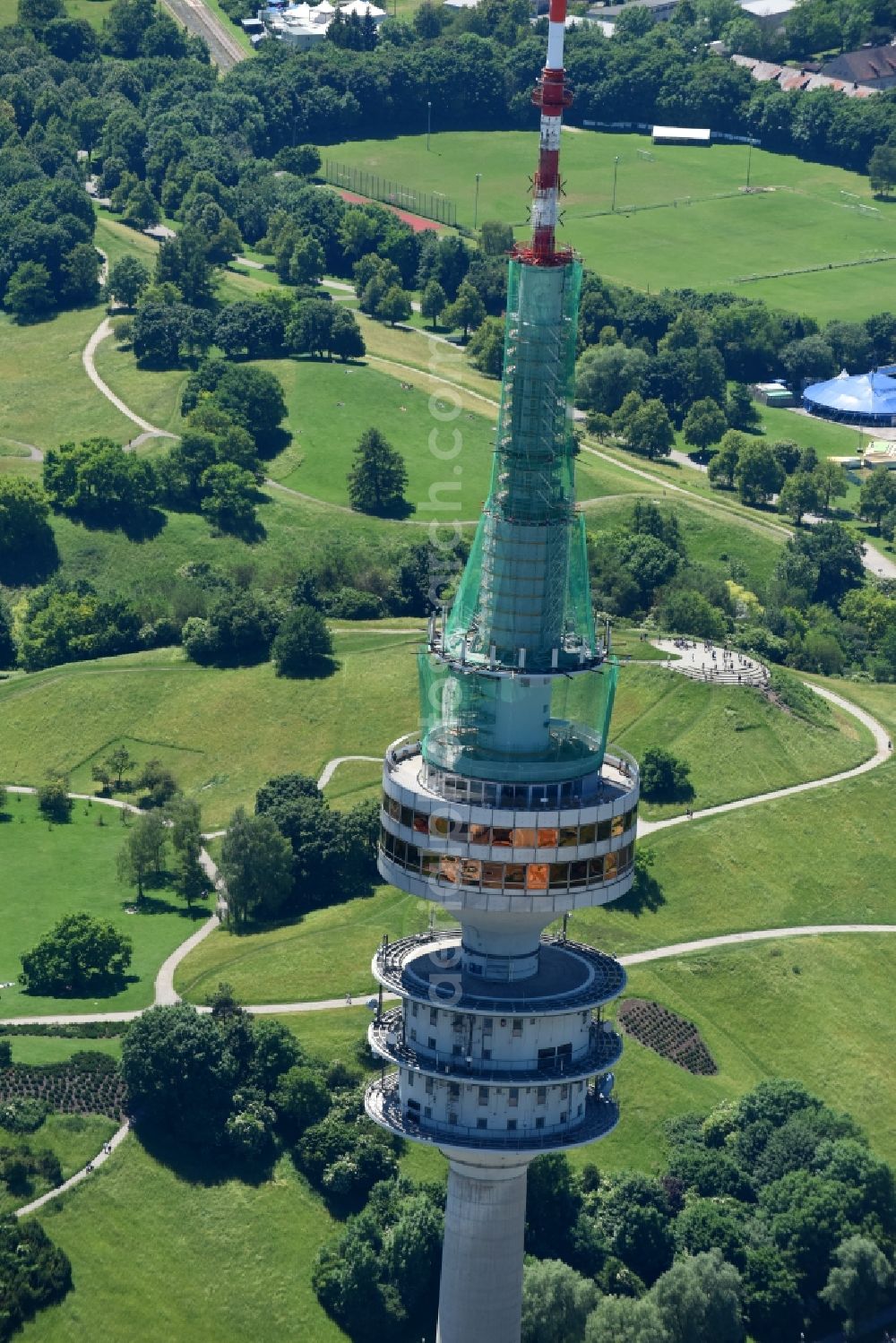 Aerial photograph München - Television Tower Olympiaturm in Olympiapark on Spiridon-Louis-Ring in Munich in the state Bavaria, Germany