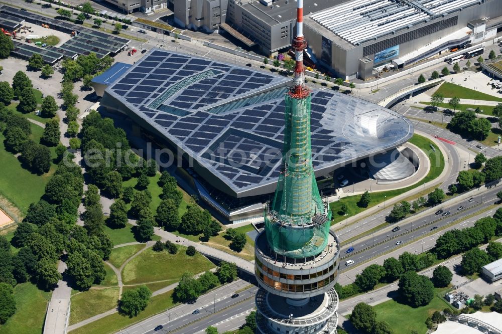 Aerial image München - Television Tower Olympiaturm in Olympiapark on Spiridon-Louis-Ring in Munich in the state Bavaria, Germany