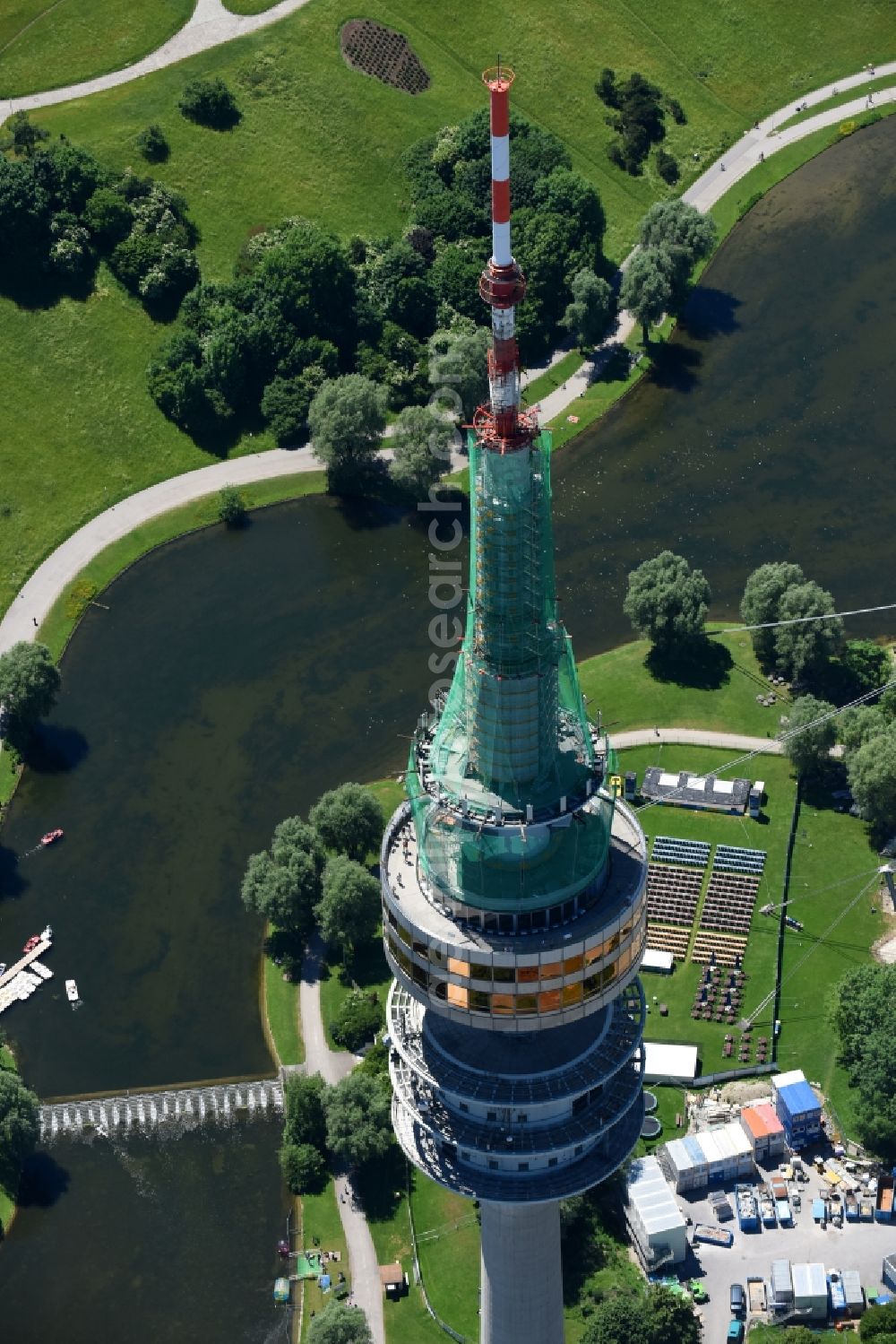 Aerial image München - Television Tower Olympiaturm in Olympiapark on Spiridon-Louis-Ring in Munich in the state Bavaria, Germany