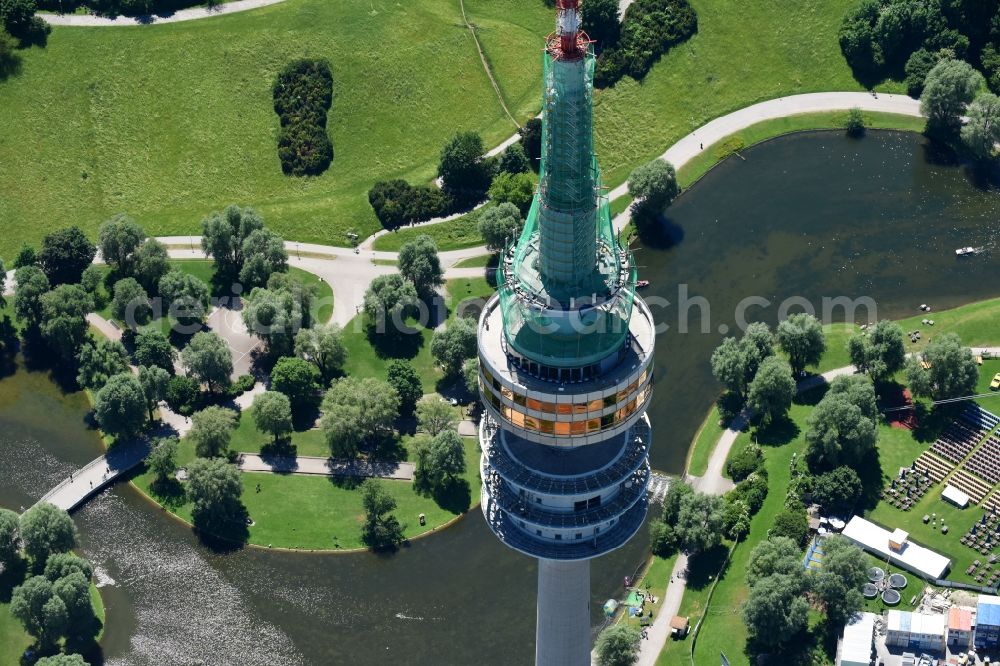 Aerial photograph München - Television Tower Olympiaturm in Olympiapark on Spiridon-Louis-Ring in Munich in the state Bavaria, Germany